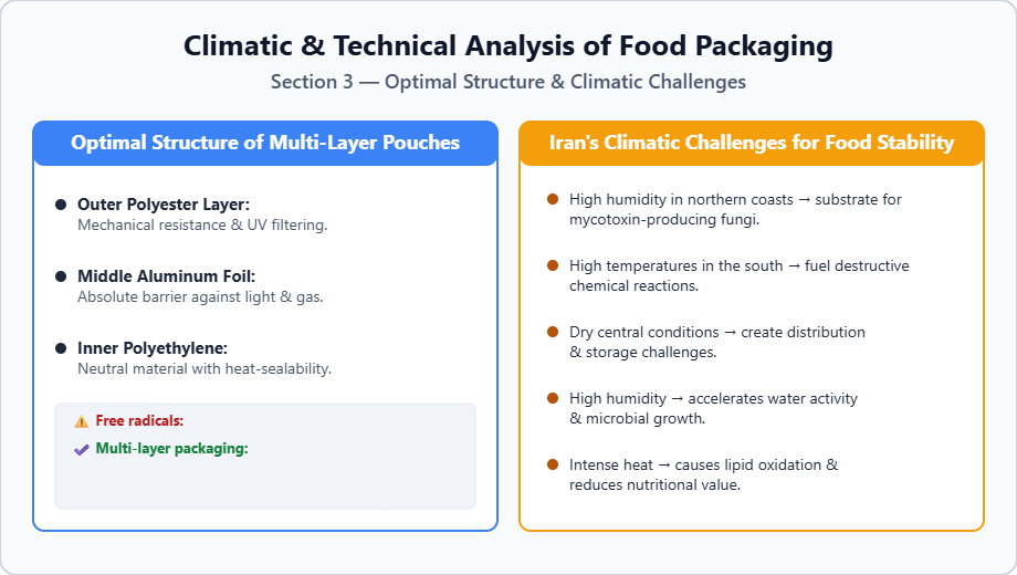 Climatic and technical analysis of food packaging, section 3. Optimal multi-layer pouch structure: outer polyester layer for mechanical strength and UV filtering, middle aluminum foil as an absolute barrier against light and gas, inner polyethylene with heat-sealability. Iran's climatic challenges: high humidity in the north promotes mycotoxin-producing fungi; high heat in the south accelerates destructive chemical reactions; dry central conditions create distribution and storage issues; high humidity accelerates water activity and microbial growth; intense heat causes lipid oxidation and reduces nutritional value.