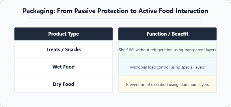 Packaging transformation from passive protection to active food interaction. Table: treats and snacks achieve shelf-life without refrigeration using transparent layers; wet food uses special layers for microbial load control; dry food prevents oxidation using aluminum barrier layers.