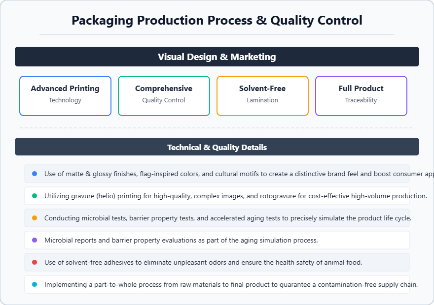 Packaging production process and quality control. Visual design and marketing features: advanced printing technology, comprehensive quality control, solvent-free lamination, and full product traceability. Technical and quality details: use of matte and glossy finishes with cultural and flag-inspired motifs; gravure printing for complex high-quality images; conducting microbial tests, barrier property tests, and accelerated aging simulations; use of solvent-free adhesives to eliminate odors and ensure pet food safety; implementing a part-to-whole traceability process from raw materials to final product to ensure a contamination-free supply chain.