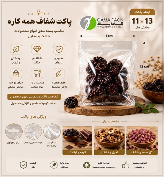 پاکت آویز دار سه طرف دوخت ( دو رو شفاف) 11 × 13 سانت